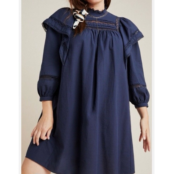 Anthropologie Maeve Fleetwood Mini Ruffle Dress Navy Blue Size 12 / L - Picture 1 of 11